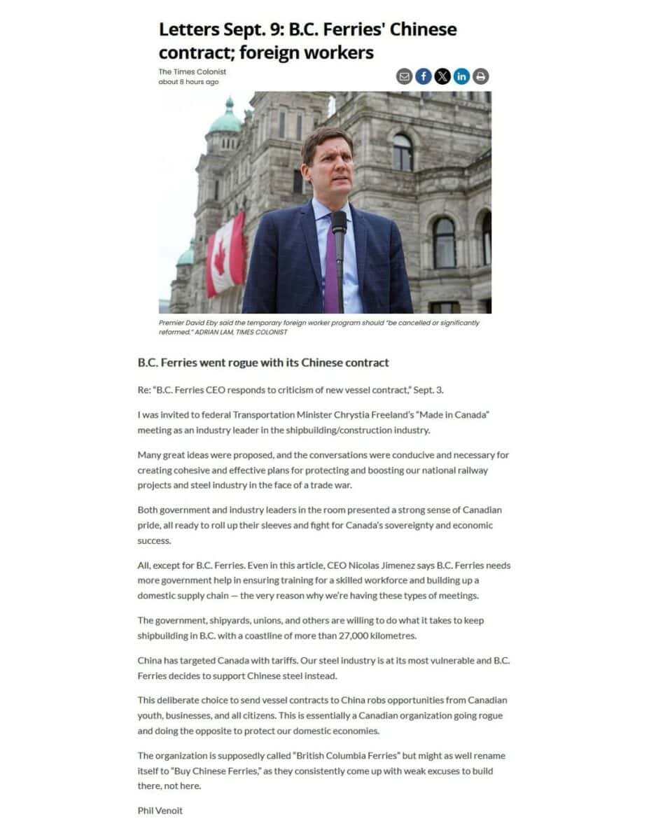 Shared from Times Colonist: Letters Sept. 9: B.C. Ferries' Chinese Contract
