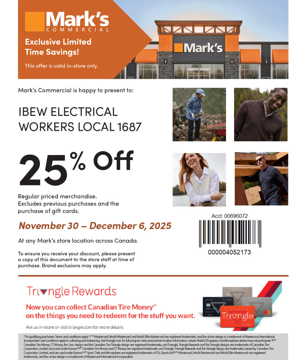 Mark’s Exclusive Limited Time Savings for IBEW 1687 Members – Nov 30 – Dec 6, 2025 – International Brotherhood of Electrical Workers (IBEW) Local 1687
