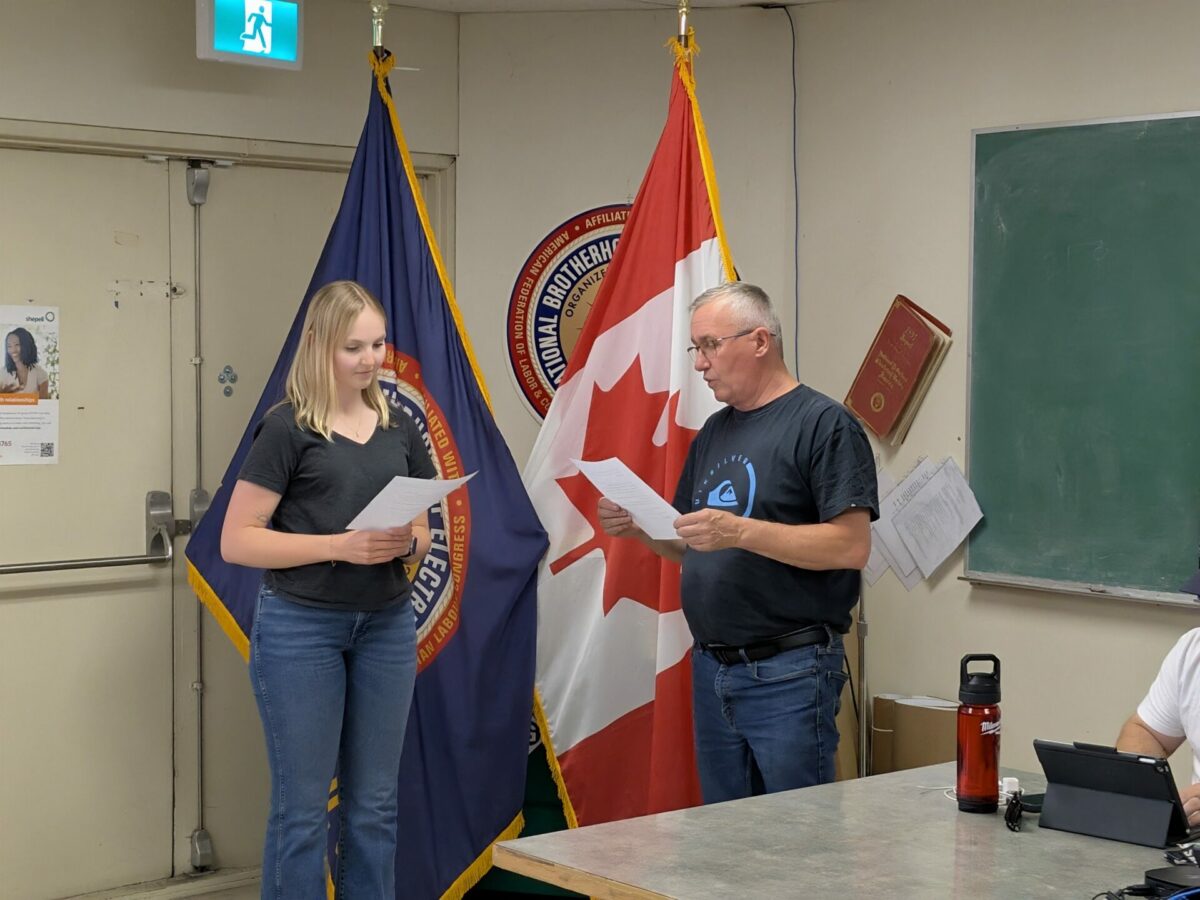 Kira Schmidt being sworn in to IBEW 993