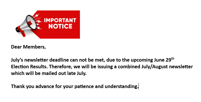 Important Notice regarding upcoming June 29 Newsletter